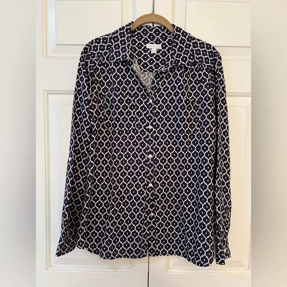 Charter Club Navy and White 100% Linen Blouse Size L